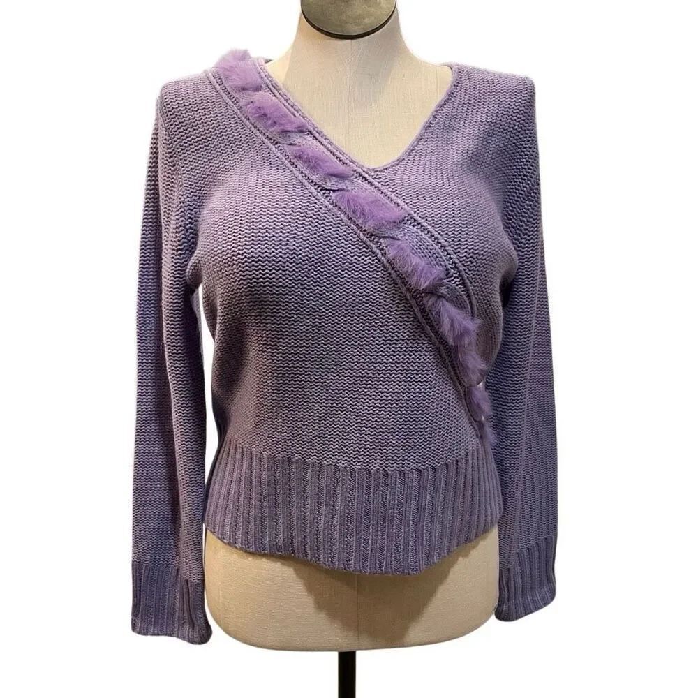 Evan Picone Womens V-Neck Knit Sweater XL Lavender Rabbit Fur Trim Avant Garde